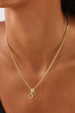 Iced Motif Outline & Green Gemstone Necklace - 10mm - Gold