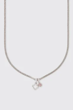 Iced Motif Outline & Pink Gemstone Necklace - 10mm - White