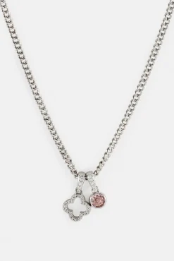 Iced Motif Outline & Pink Gemstone Necklace - 10mm - White