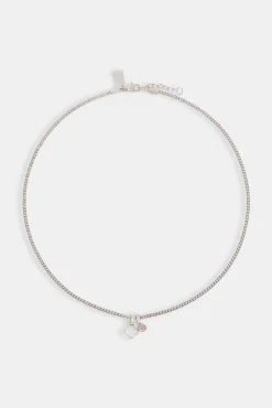 Iced Motif Outline & Pink Gemstone Necklace - 10mm - White