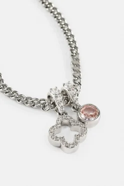 Iced Motif Outline & Pink Gemstone Necklace - 10mm - White