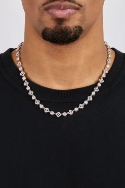 Iced Motif & Round Gemstone Chain - 8mm - White