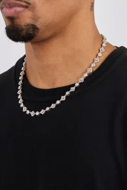 Iced Motif & Round Gemstone Chain - 8mm - White