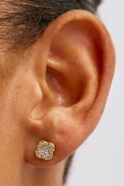 Iced Motif Stud Earrings - 8mm - Gold