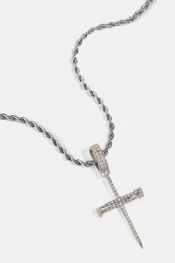 Iced Nail Cross Pendant Rope Necklace - 20mm - White