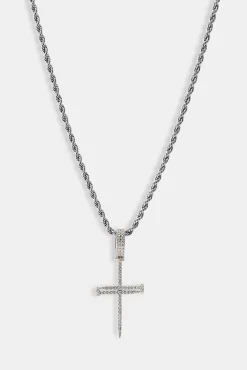 Iced Nail Cross Pendant Rope Necklace - 20mm - White
