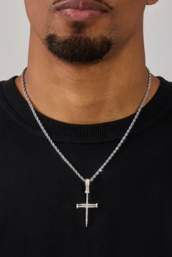 Iced Nail Cross Pendant Rope Necklace - 20mm - White