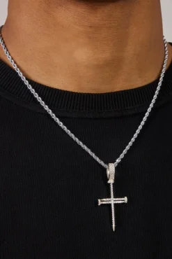 Iced Nail Cross Pendant Rope Necklace - 20mm - White