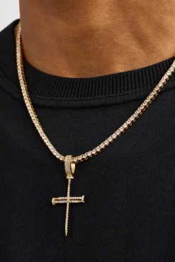 Iced Nail Cross Pendant Tennis Necklace - 20mm - Gold