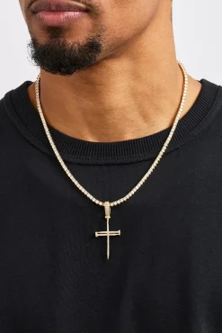 Iced Nail Cross Pendant Tennis Necklace - 20mm - Gold