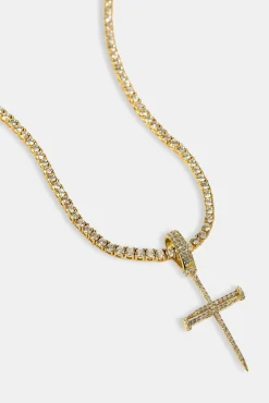 Iced Nail Cross Pendant Tennis Necklace - 20mm - Gold