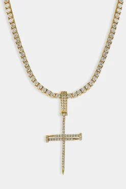 Iced Nail Cross Pendant Tennis Necklace - 20mm - Gold