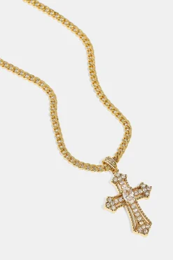 Iced Oval Centre Cross Necklace - 25mm - Gold