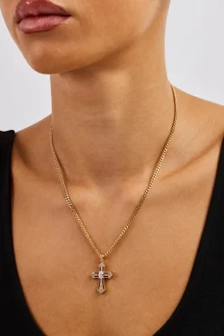 Iced Oval Centre Cross Necklace - 25mm - Gold