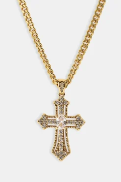Iced Oval Centre Cross Necklace - 25mm - Gold