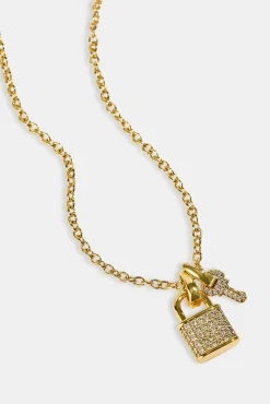 Iced Padlock & Key Necklace - 10mm - Gold
