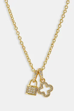 Iced Padlock & Motif Necklace - 10mm - Gold