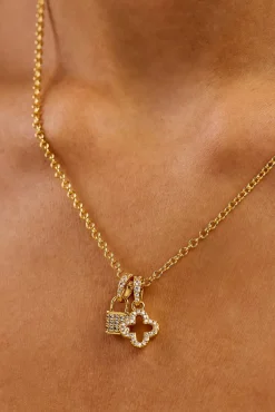 Iced Padlock & Motif Necklace - 10mm - Gold