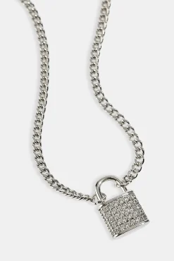 Iced Padlock Pendant Necklace - 15mm - White