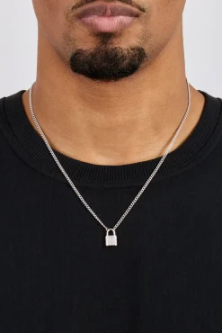 Iced Padlock Pendant Necklace - 15mm - White