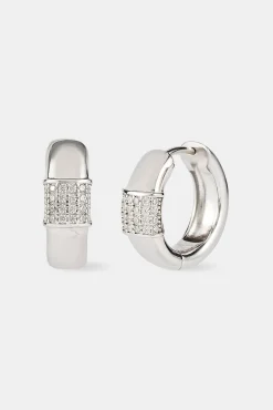 Iced Panel Huggie Hoop Earring - 15mm- White