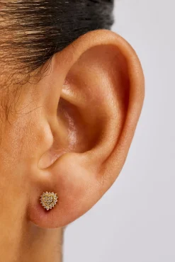 Iced Pave Heart Stud Earrings - 6mm - Gold