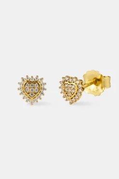 Iced Pave Heart Stud Earrings - 6mm - Gold