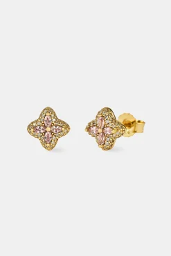 Iced Pink Floral Stud Earrings - 8mm - Gold
