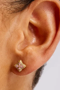 Iced Pink Floral Stud Earrings - 8mm - Gold