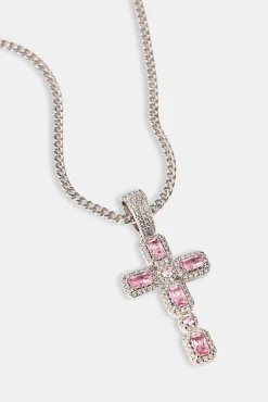 Iced Pink Gemstone Cross Cuban Necklace - 40mm - White