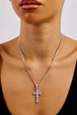 Iced Pink Gemstone Cross Cuban Necklace - 40mm - White