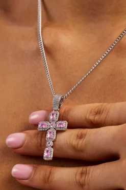 Iced Pink Gemstone Cross Cuban Necklace - 40mm - White
