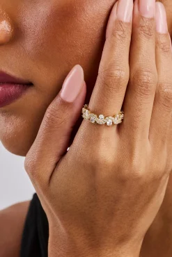 Iced Ripple & Stone Band Ring - Gold