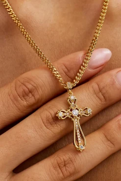 Iced Round Edge Cross Necklace - 30mm - Gold