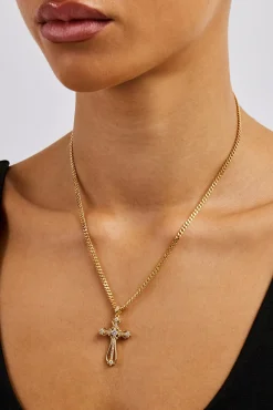 Iced Round Edge Cross Necklace - 30mm - Gold