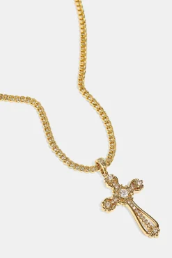Iced Round Edge Cross Necklace - 30mm - Gold