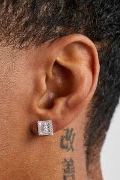 Iced Square Cross Stud Earrings - 8mm - White
