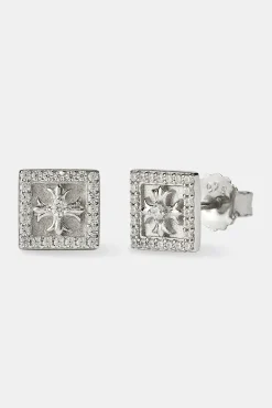 Iced Square Cross Stud Earrings - 8mm - White
