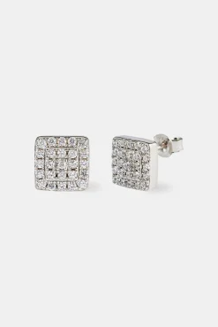 Iced Square CZ Pave Stud Earrings - 8mm