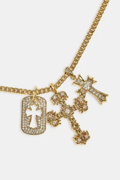 Iced Triple Cross & Tag Necklace - 20mm - Gold