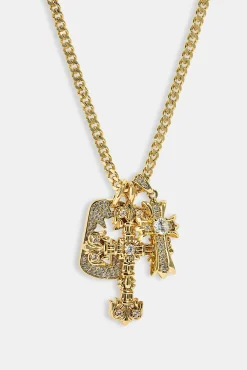Iced Triple Cross & Tag Necklace - 20mm - Gold