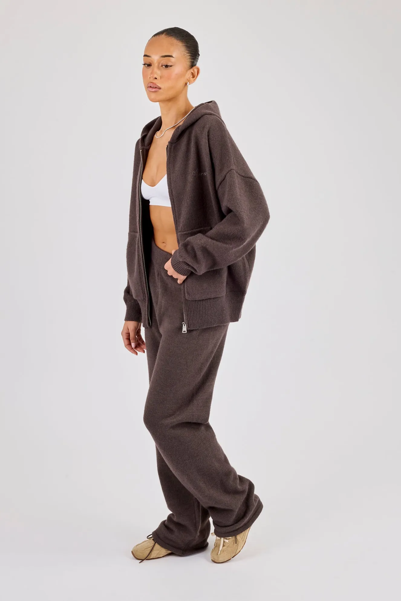 Knitted Cernucci Back Detail Zip Hoodie & Wide Leg Jogger - Brown