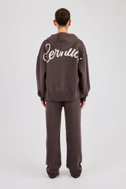 Knitted Cernucci Back Detail Zip Hoodie & Wide Leg Jogger - Brown