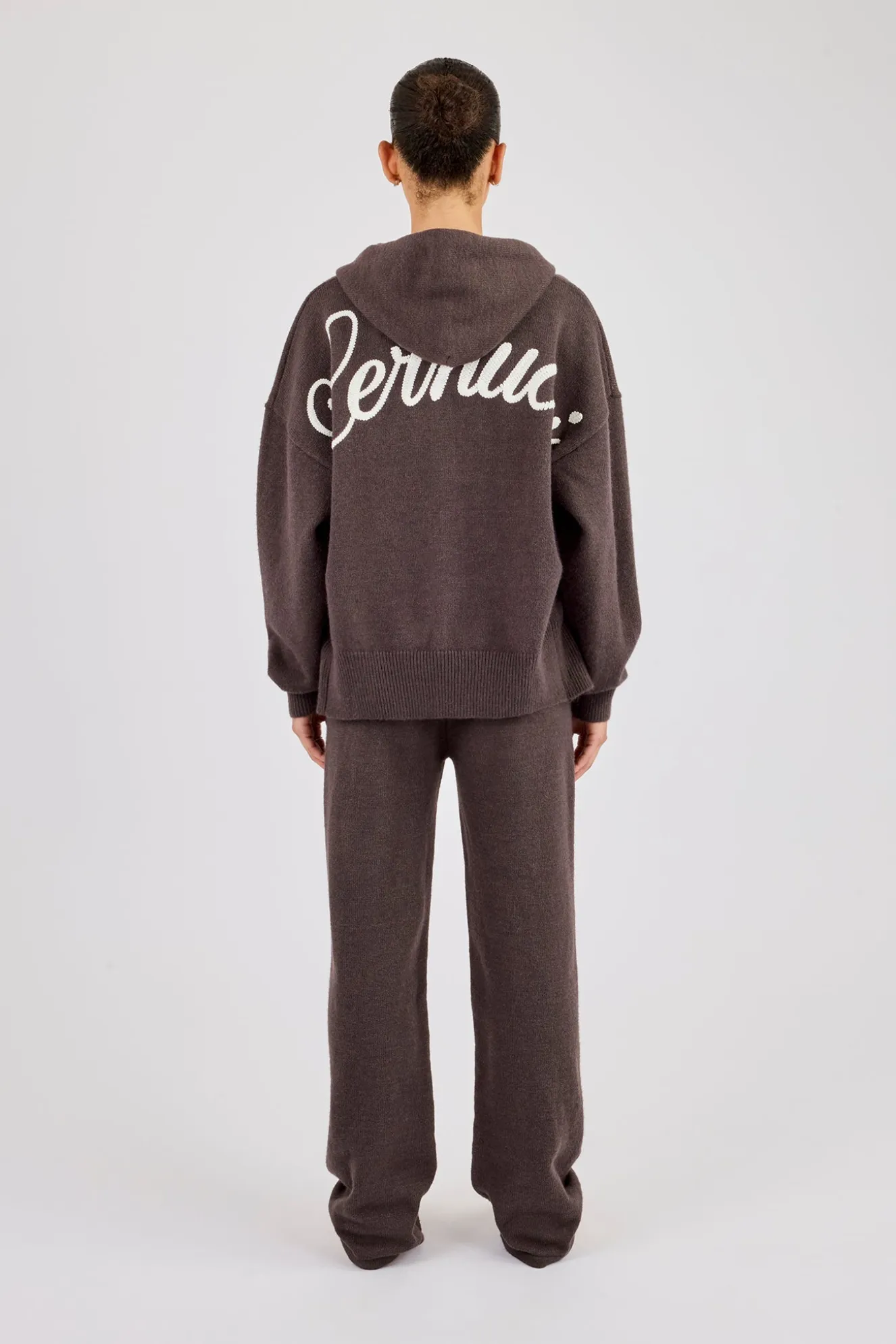 Knitted Cernucci Back Detail Zip Hoodie & Wide Leg Jogger - Brown
