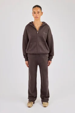 Knitted Cernucci Back Detail Zip Hoodie & Wide Leg Jogger - Brown