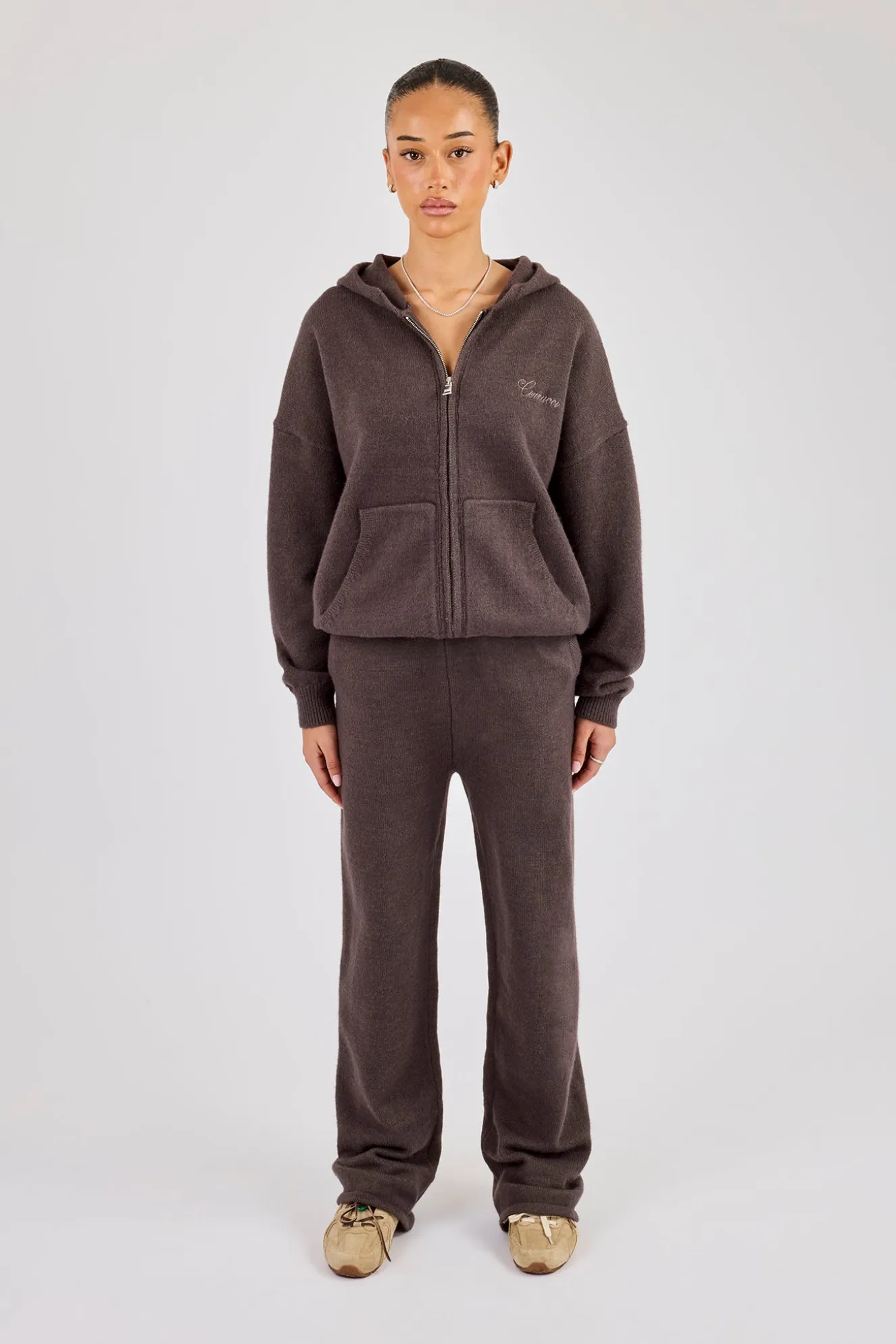 Knitted Cernucci Back Detail Zip Hoodie & Wide Leg Jogger - Brown