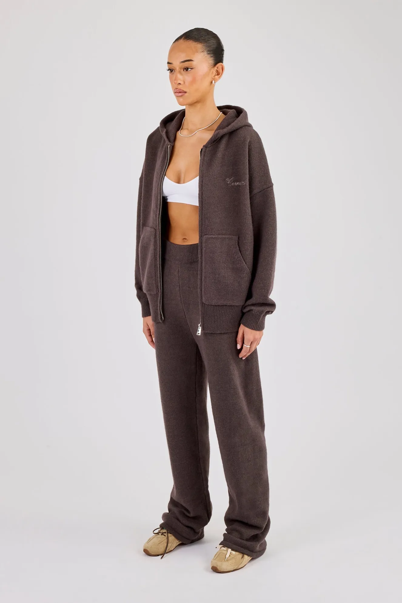 Knitted Cernucci Back Detail Zip Hoodie & Wide Leg Jogger - Brown