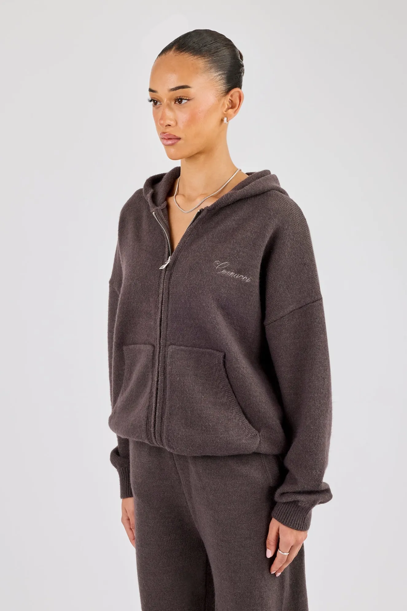 Knitted Cernucci Back Detail Zip Hoodie - Brown