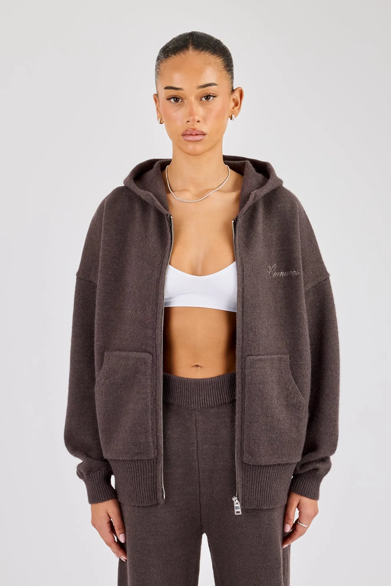 Knitted Cernucci Back Detail Zip Hoodie - Brown