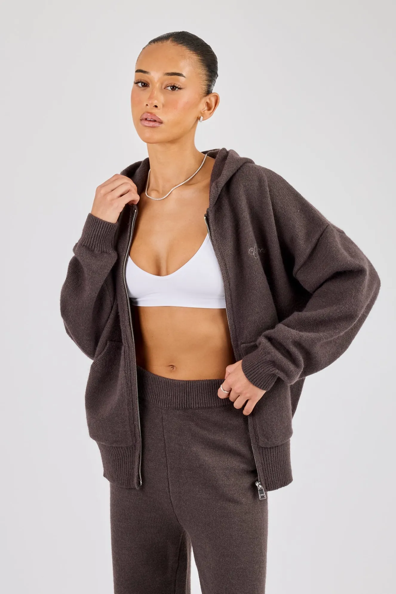 Knitted Cernucci Back Detail Zip Hoodie - Brown